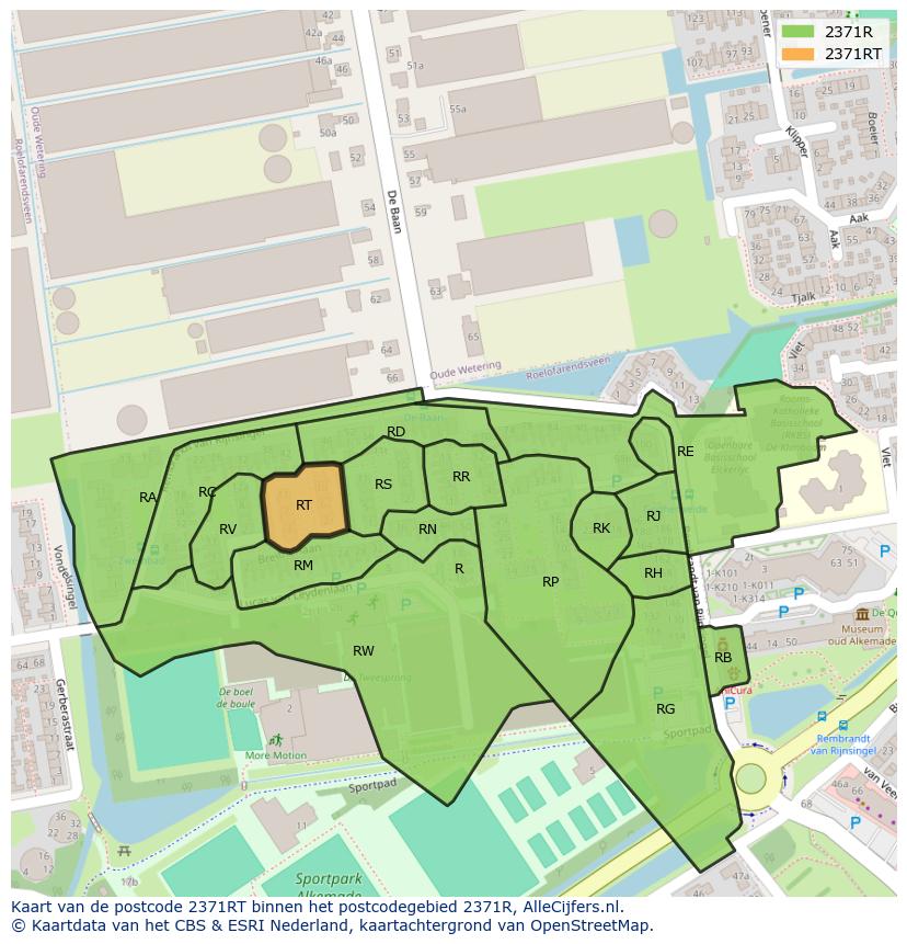 Afbeelding van het postcodegebied 2371 RT op de kaart.
