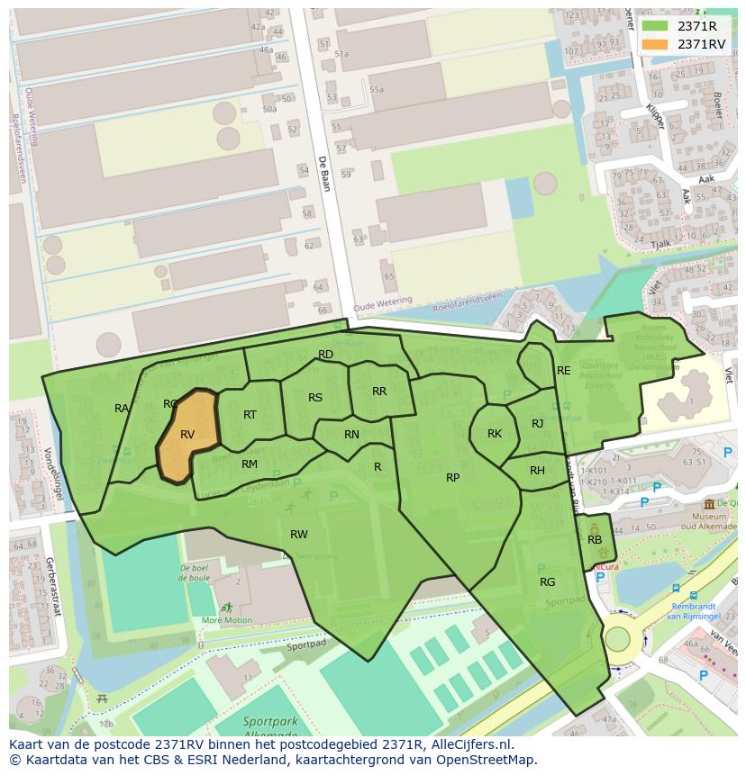 Afbeelding van het postcodegebied 2371 RV op de kaart.