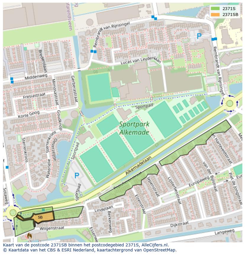 Afbeelding van het postcodegebied 2371 SB op de kaart.