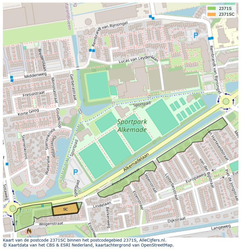 Afbeelding van het postcodegebied 2371 SC op de kaart.