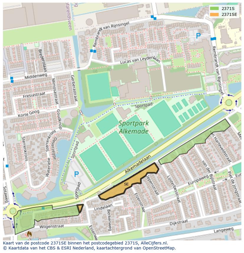 Afbeelding van het postcodegebied 2371 SE op de kaart.