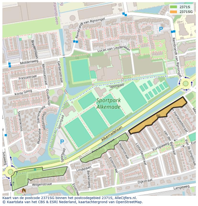 Afbeelding van het postcodegebied 2371 SG op de kaart.