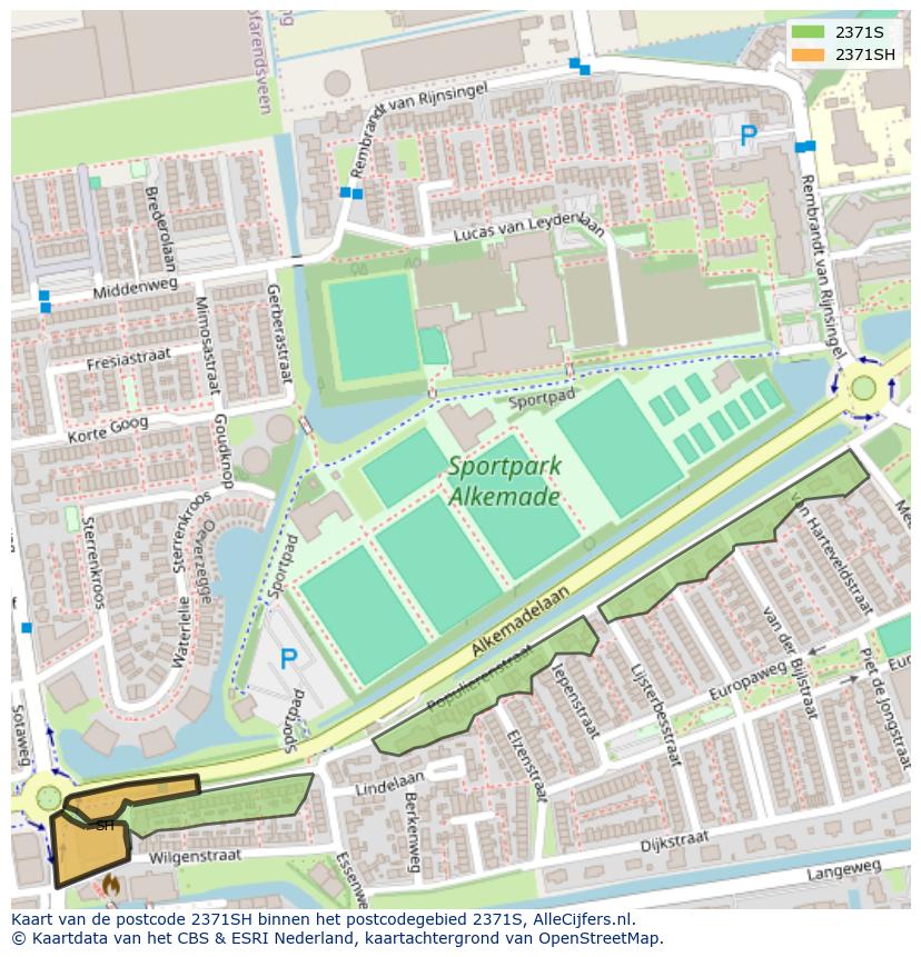 Afbeelding van het postcodegebied 2371 SH op de kaart.