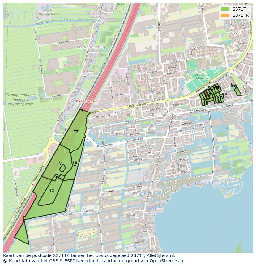 Afbeelding van het postcodegebied 2371 TK op de kaart.