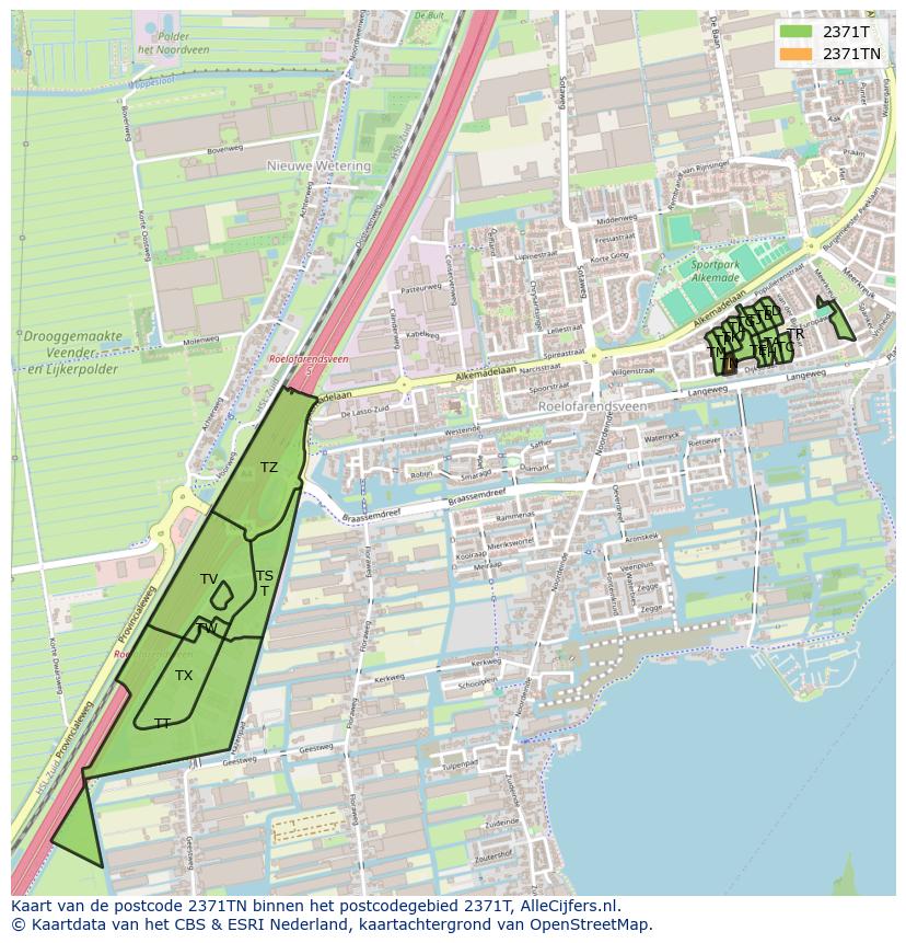 Afbeelding van het postcodegebied 2371 TN op de kaart.