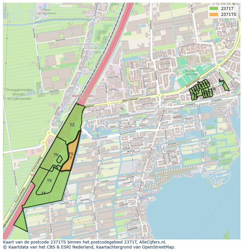 Afbeelding van het postcodegebied 2371 TS op de kaart.