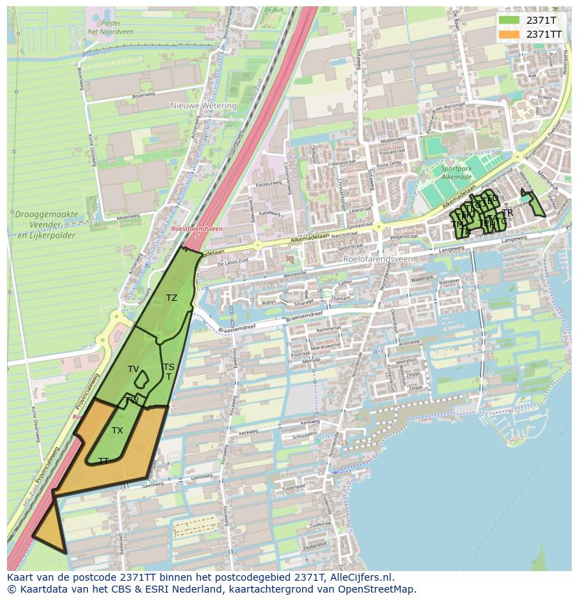 Afbeelding van het postcodegebied 2371 TT op de kaart.