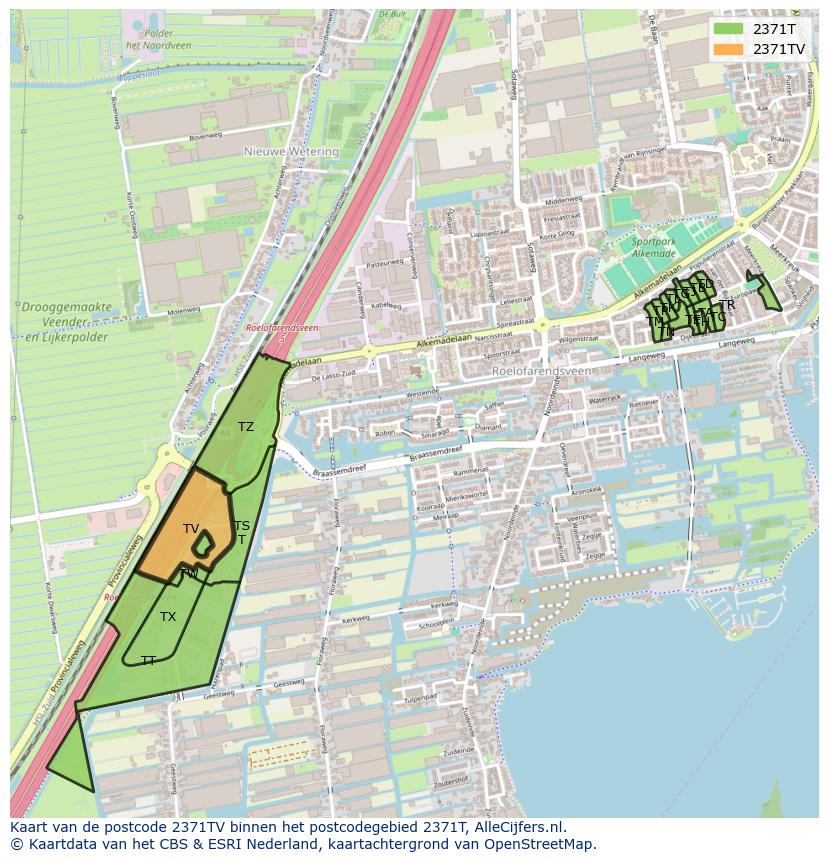 Afbeelding van het postcodegebied 2371 TV op de kaart.