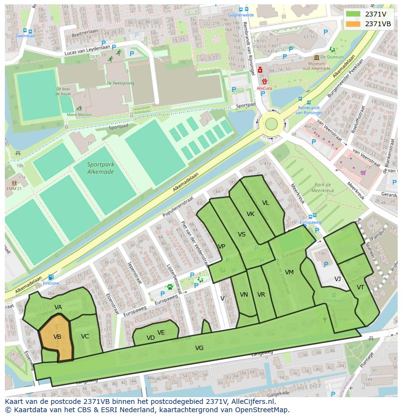 Afbeelding van het postcodegebied 2371 VB op de kaart.