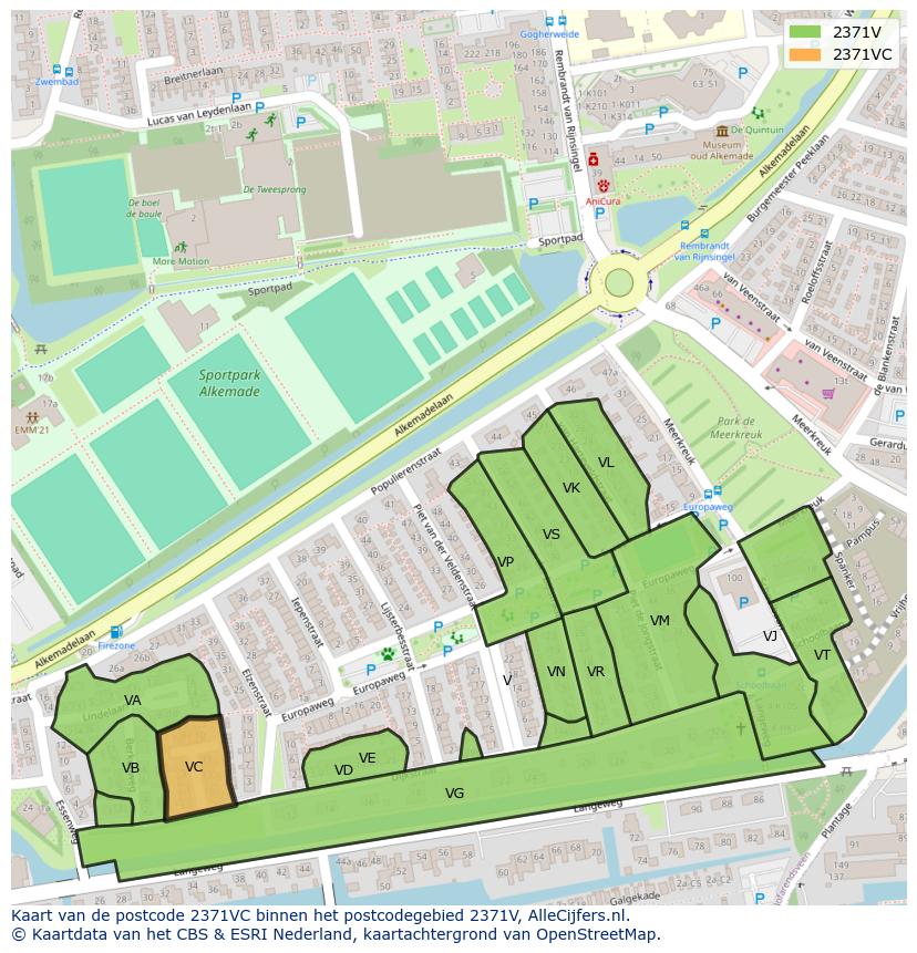 Afbeelding van het postcodegebied 2371 VC op de kaart.
