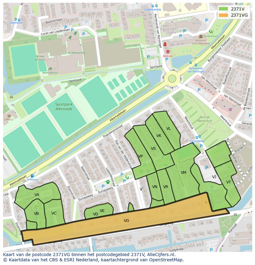Afbeelding van het postcodegebied 2371 VG op de kaart.