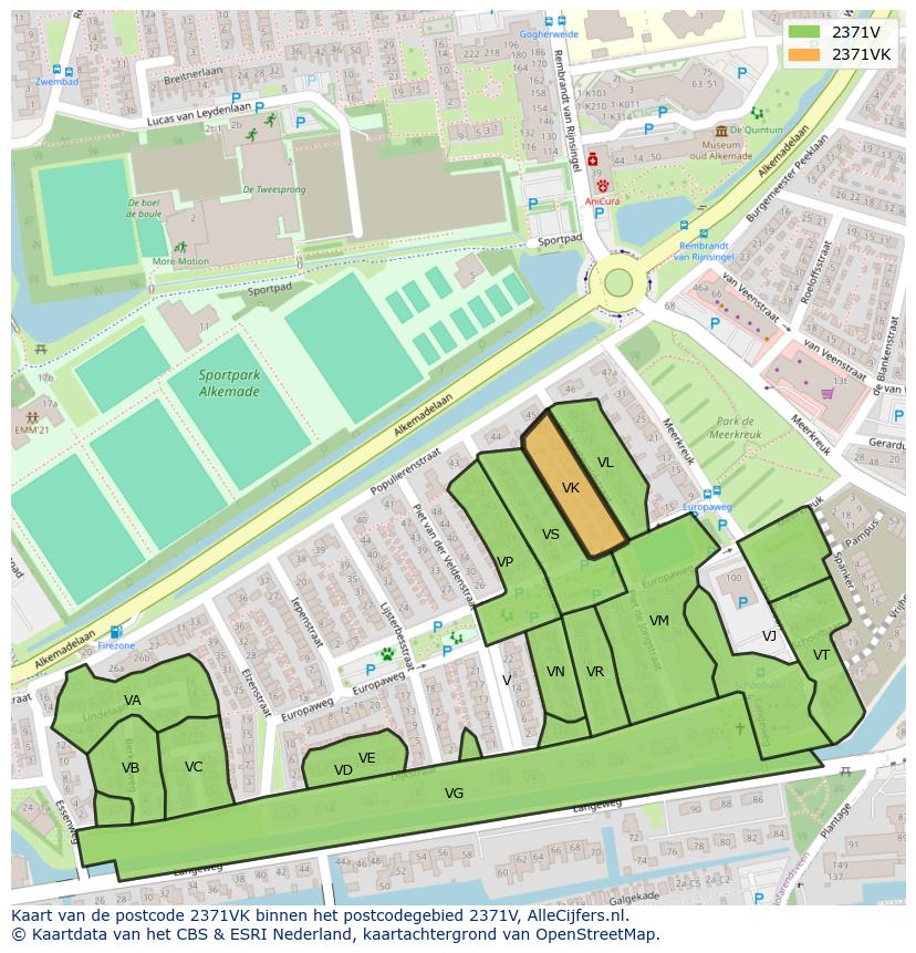 Afbeelding van het postcodegebied 2371 VK op de kaart.