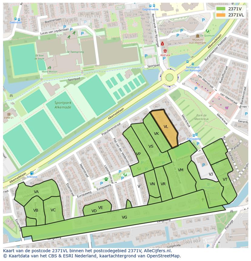 Afbeelding van het postcodegebied 2371 VL op de kaart.