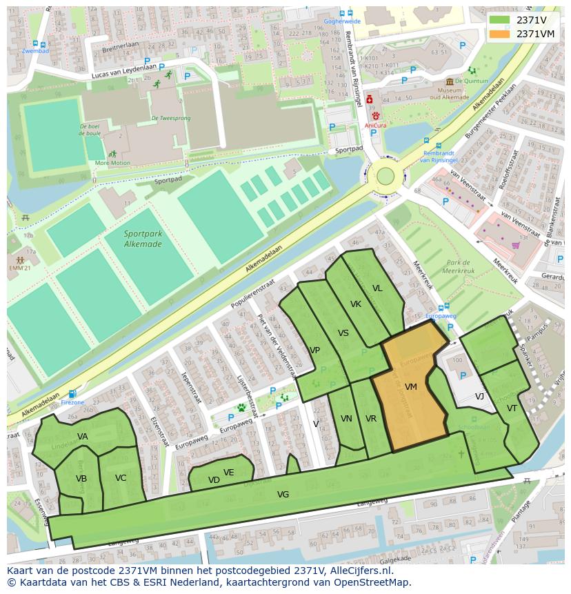 Afbeelding van het postcodegebied 2371 VM op de kaart.