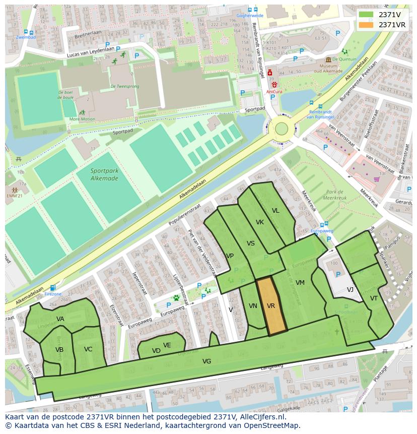 Afbeelding van het postcodegebied 2371 VR op de kaart.