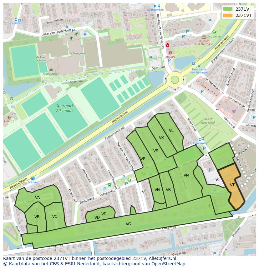 Afbeelding van het postcodegebied 2371 VT op de kaart.