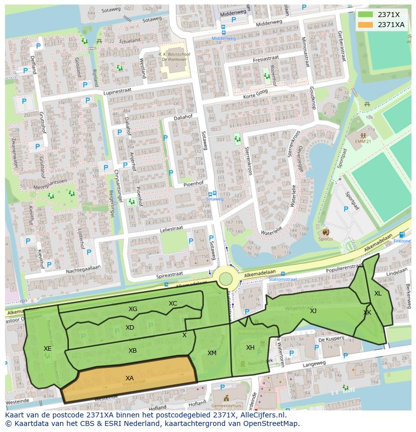Afbeelding van het postcodegebied 2371 XA op de kaart.