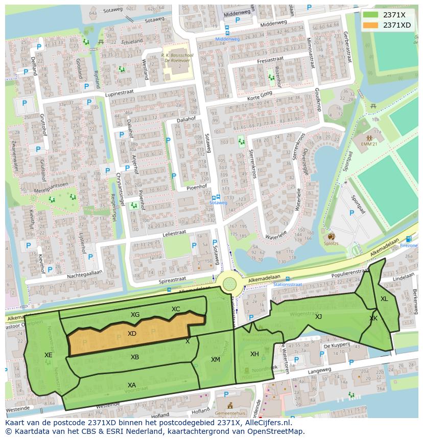 Afbeelding van het postcodegebied 2371 XD op de kaart.