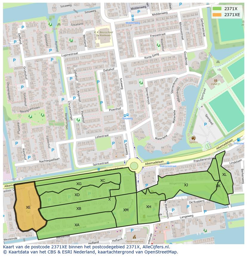 Afbeelding van het postcodegebied 2371 XE op de kaart.