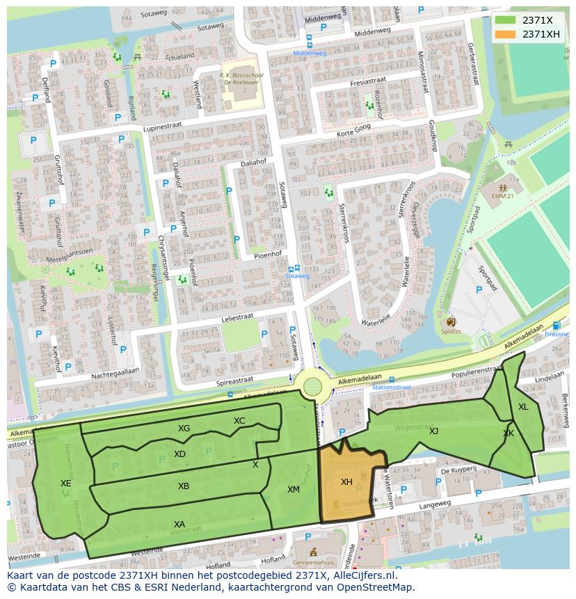 Afbeelding van het postcodegebied 2371 XH op de kaart.