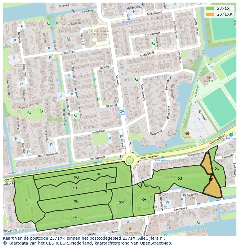 Afbeelding van het postcodegebied 2371 XK op de kaart.