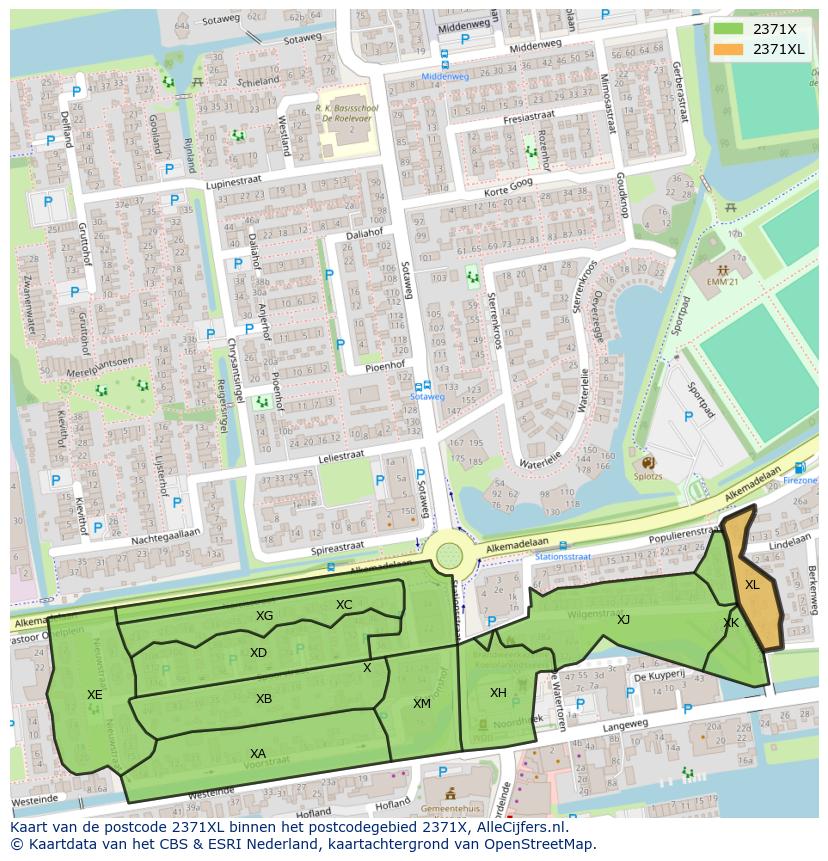 Afbeelding van het postcodegebied 2371 XL op de kaart.
