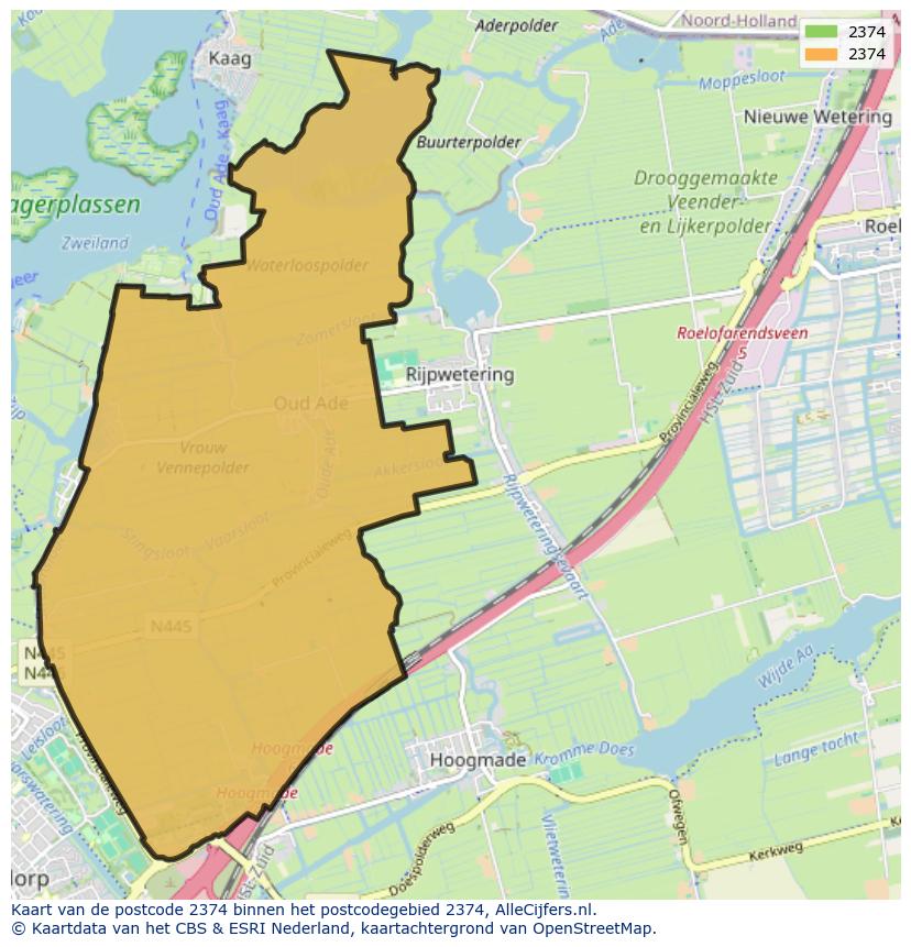 Afbeelding van het postcodegebied 2374 op de kaart.