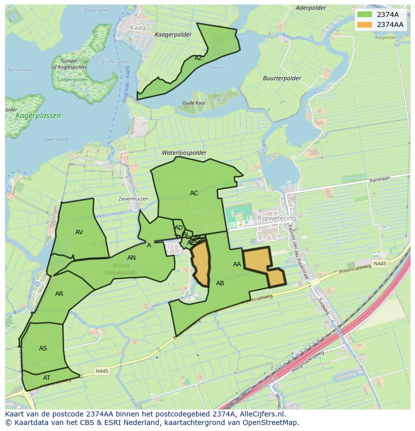 Afbeelding van het postcodegebied 2374 AA op de kaart.