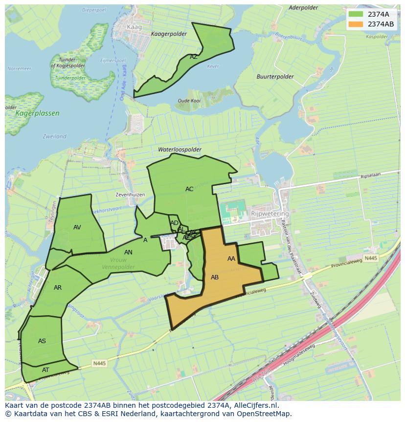 Afbeelding van het postcodegebied 2374 AB op de kaart.