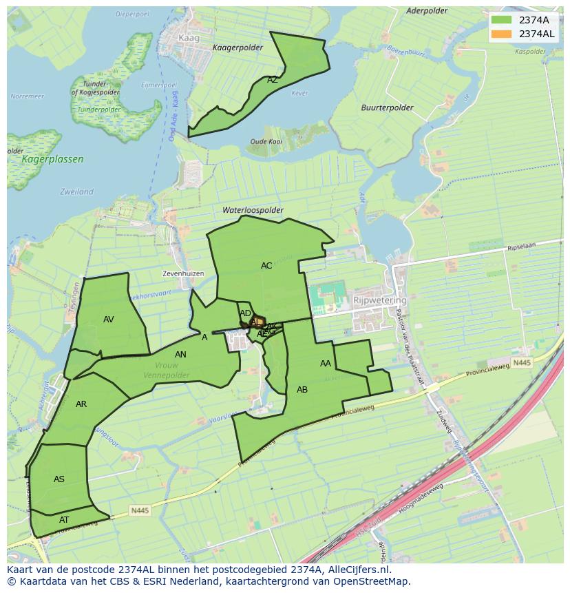 Afbeelding van het postcodegebied 2374 AL op de kaart.