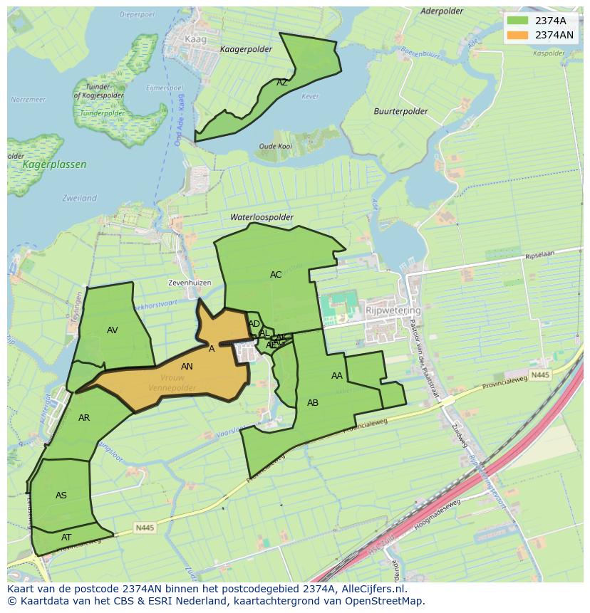 Afbeelding van het postcodegebied 2374 AN op de kaart.