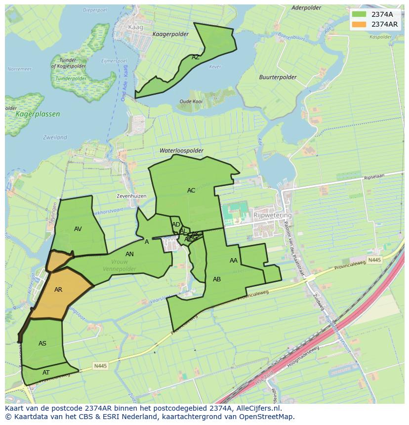 Afbeelding van het postcodegebied 2374 AR op de kaart.