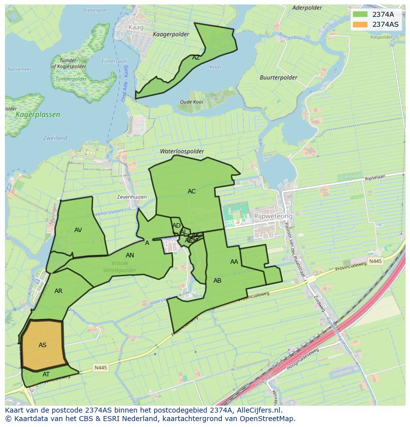 Afbeelding van het postcodegebied 2374 AS op de kaart.