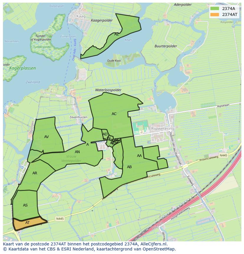 Afbeelding van het postcodegebied 2374 AT op de kaart.