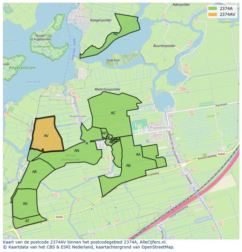 Afbeelding van het postcodegebied 2374 AV op de kaart.