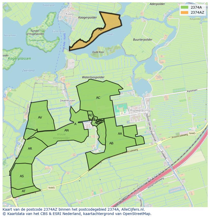 Afbeelding van het postcodegebied 2374 AZ op de kaart.