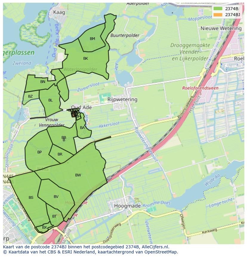 Afbeelding van het postcodegebied 2374 BJ op de kaart.