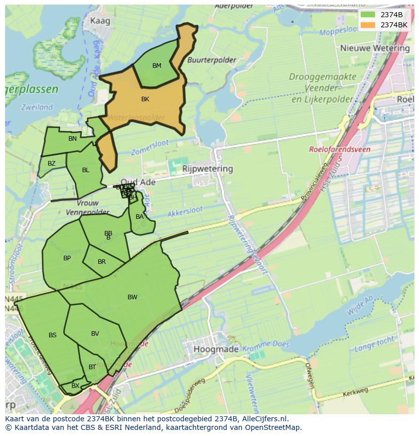 Afbeelding van het postcodegebied 2374 BK op de kaart.