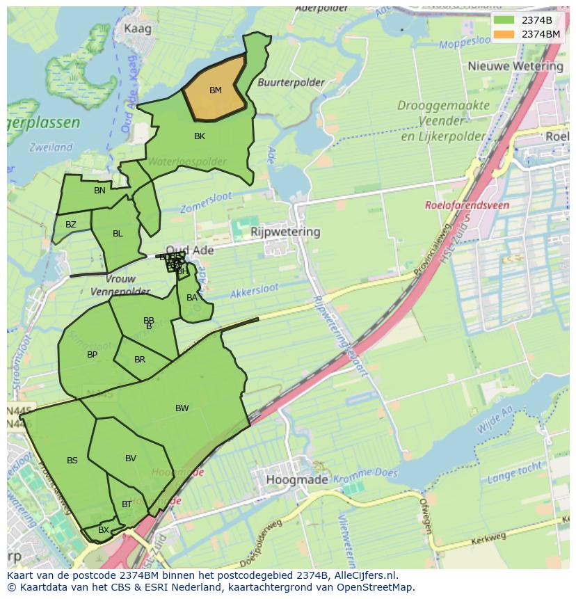 Afbeelding van het postcodegebied 2374 BM op de kaart.