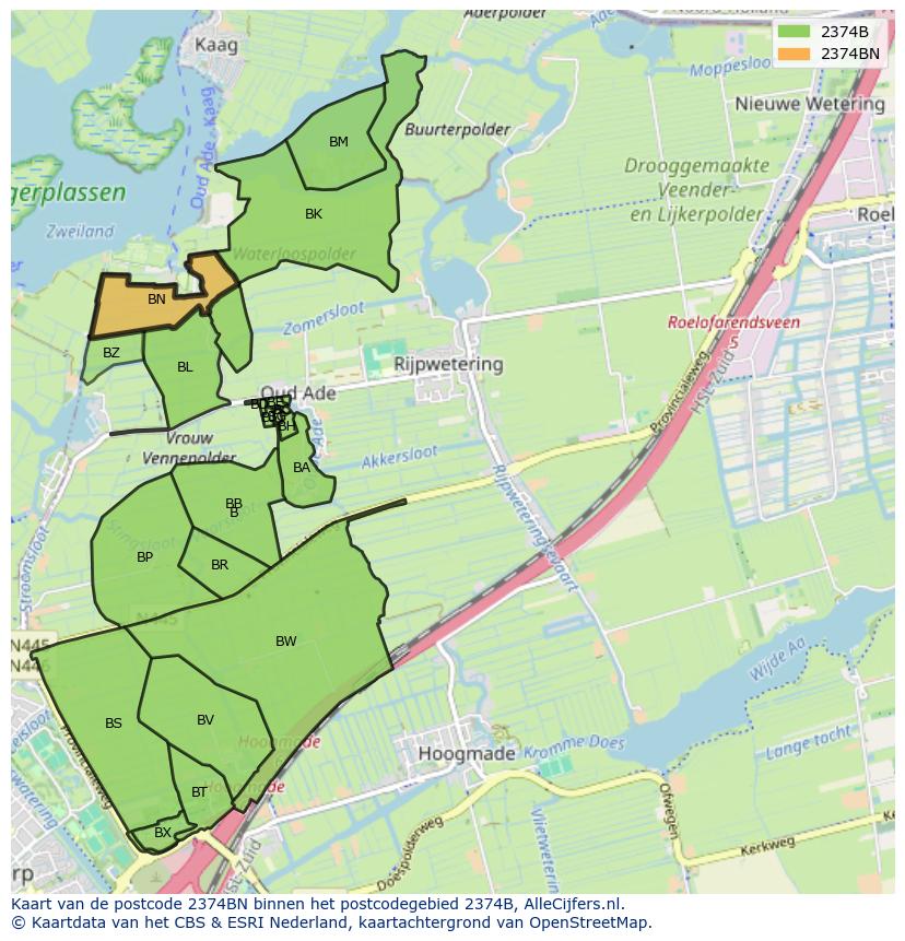 Afbeelding van het postcodegebied 2374 BN op de kaart.