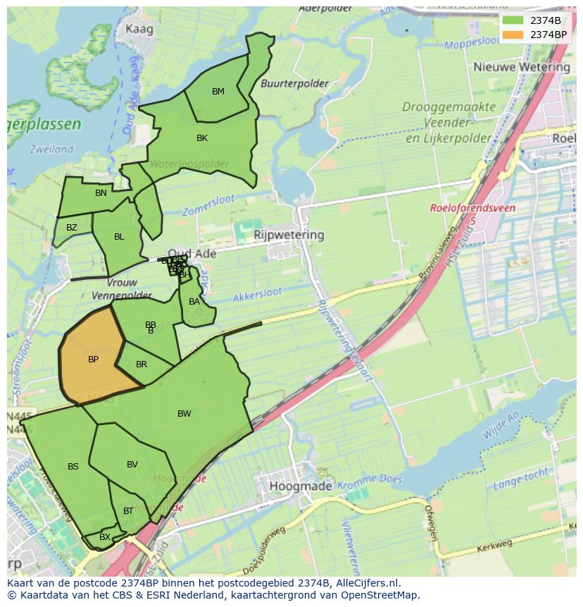 Afbeelding van het postcodegebied 2374 BP op de kaart.