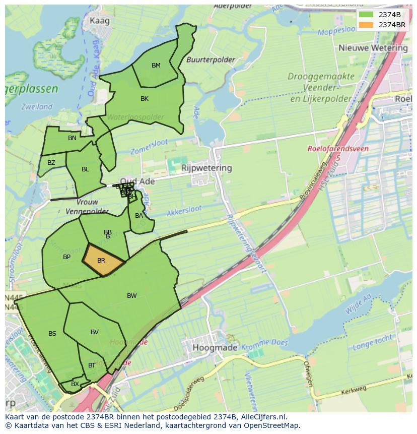 Afbeelding van het postcodegebied 2374 BR op de kaart.
