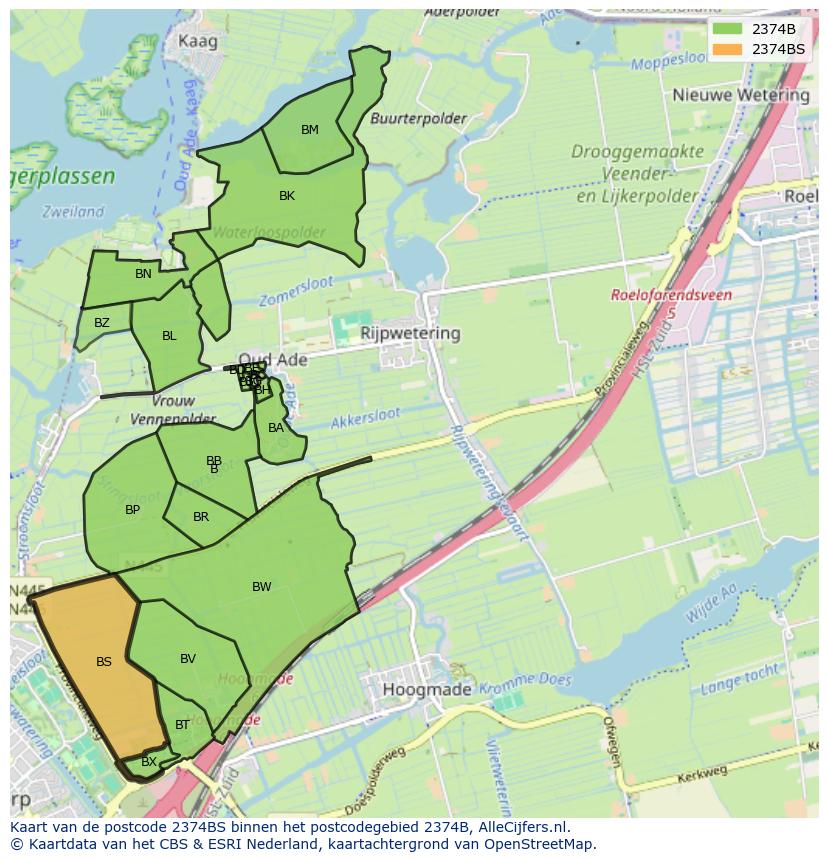 Afbeelding van het postcodegebied 2374 BS op de kaart.