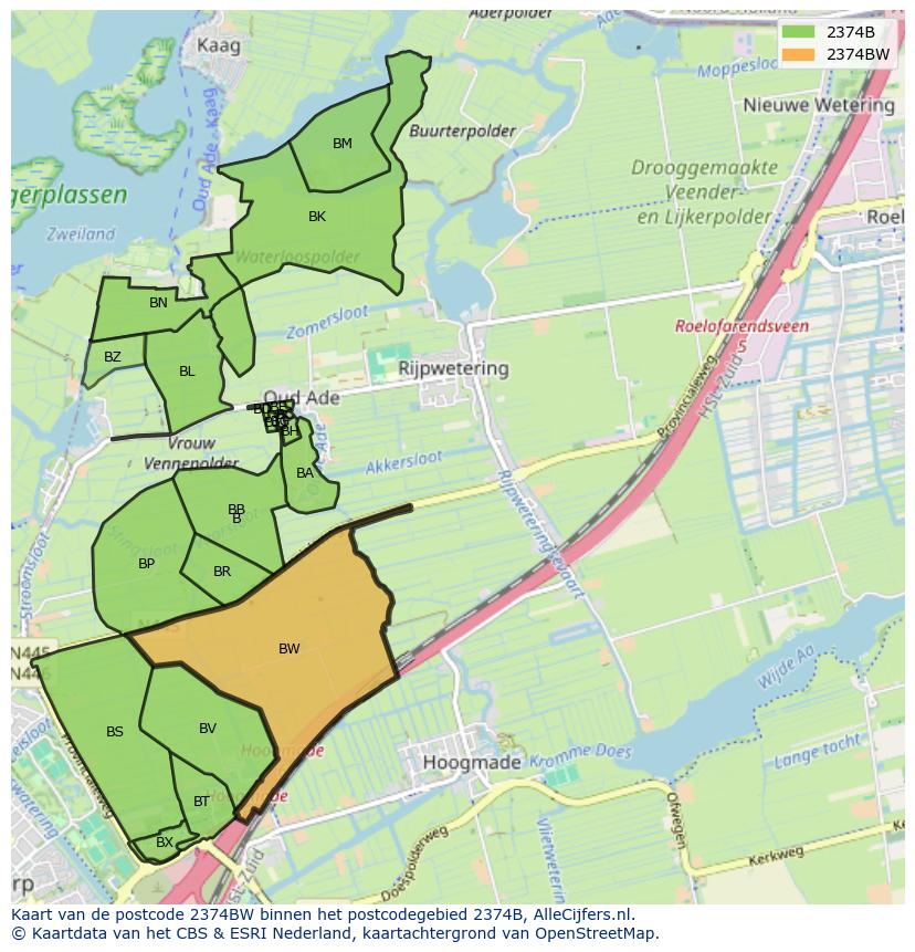 Afbeelding van het postcodegebied 2374 BW op de kaart.