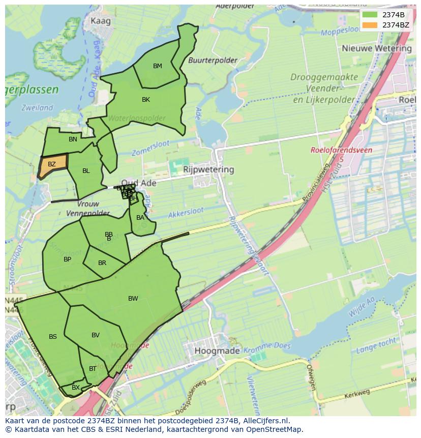 Afbeelding van het postcodegebied 2374 BZ op de kaart.