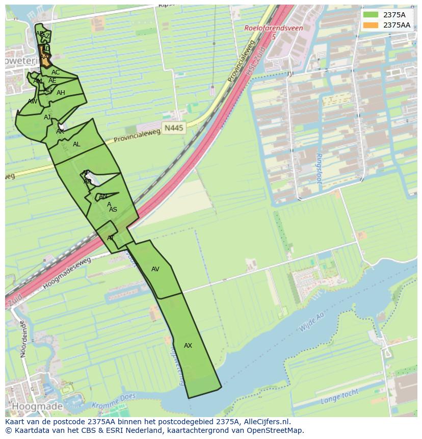 Afbeelding van het postcodegebied 2375 AA op de kaart.