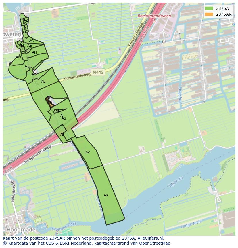 Afbeelding van het postcodegebied 2375 AR op de kaart.