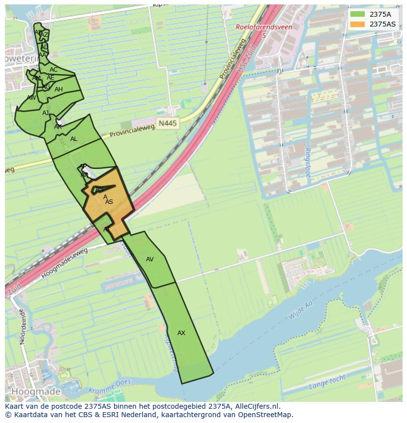 Afbeelding van het postcodegebied 2375 AS op de kaart.