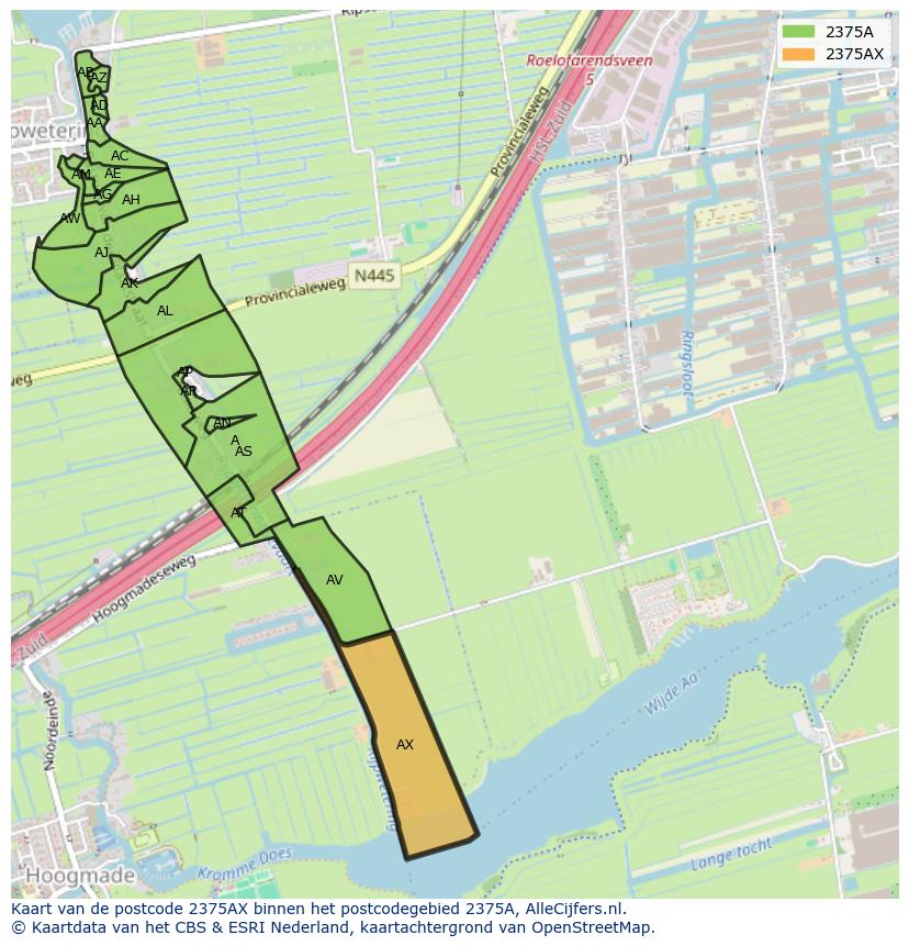 Afbeelding van het postcodegebied 2375 AX op de kaart.