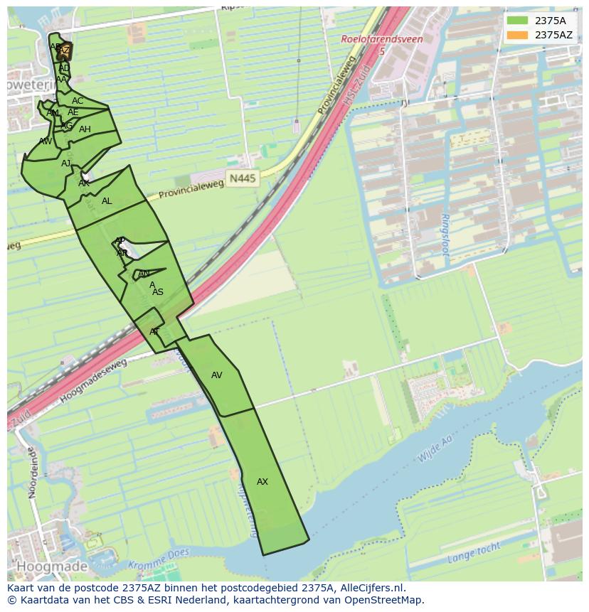 Afbeelding van het postcodegebied 2375 AZ op de kaart.